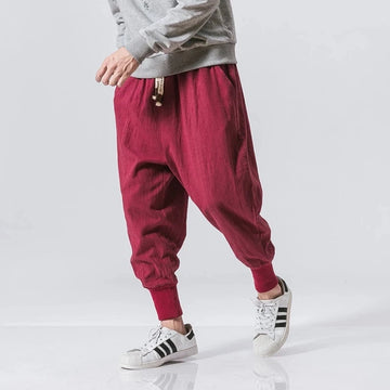 Riolio Cotton Linen Harem Pants Men Solid Elastic Waist Streetwear Joggers New Baggy Drop-crotch Pants Casual Trousers Men